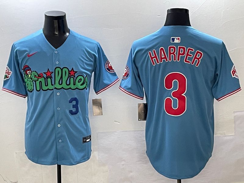 Men Philadelphia Phillies 3 Harper Light Blue three generations Joint Name 2025 Nike MLB Jersey style 2
